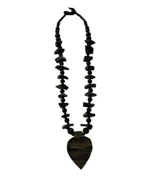 Vintage Wood Statement Necklace Large Pendant Tribal Boho Chunky Beaded Jewelry